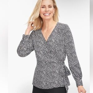 Talbots Faux Wrap‎ Black and White Leopard Print Blouse 2X Long sleeve.